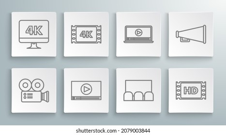 Colocar la línea Cámara de cine, película de 4k, cinta, cuadro, video de reproducción en línea, Megáfono y monitor de PC con icono de tecnología. Vector