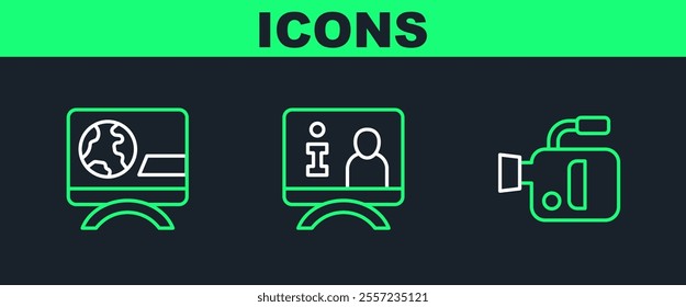 Set line Cinema camera, Breaking news and Television report icon. Vector