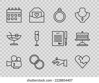Set line Cinema camera, Broken heart or divorce, Diamond engagement ring, Wedding rings, Calendar, Glass of champagne, hand and Cake plate icon. Vector