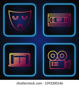 Set line Cinema camera , Buy cinema ticket online , Drama theatrical mask  and VHS video cassette tape . Gradient color icons. Vector