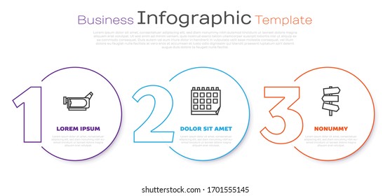 Set line Cinema camera, Calendar and Road traffic signpost. Business infographic template. Vector