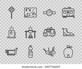 Línea de la cámara de cine, botella de agua Canteen, reloj de pulsera, botella de, estacionamiento, fuego y olla, cuchillo del ejército suizo e icono de la bota de senderismo. Vector