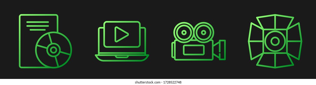 Set line Cinema camera, CD or DVD disk, Online play video and Movie spotlight. Gradient color icons. Vector