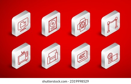 Set line Cinema camera, CD disk award frame, Movie spotlight, Rope barrier, 4k Ultra HD, Camera and location, chair and Retro tv icon. Vector