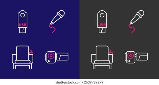 Set line Cinema camera, chair, Microphone and USB flash drive icon. Vector