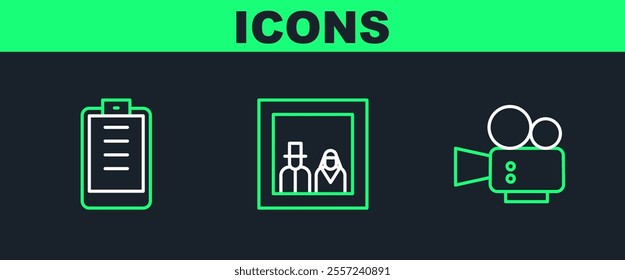 Set line Cinema camera, Clipboard with checklist and Family photo icon. Vector