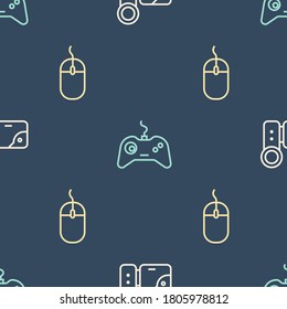 Set line Cinema camera, Computer mouse and Gamepad on seamless pattern. Vector