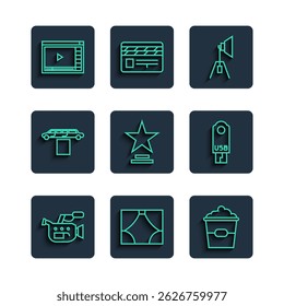 Set line Cinema camera, Curtain, Popcorn box, Movie spotlight, trophy, Limousine car and carpet, Online play video and USB flash drive icon. Vector