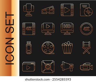 Set line Cinema camera, Director movie chair, 4k Ultra HD, Play Video, Online play video, movie, tape, frame,  and Monitor with icon. Vector