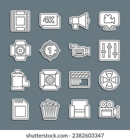 Set line Cinema camera, Film reel, Sound mixer controller, Megaphone, Old film movie countdown frame, Movie spotlight, Play Video and  icon. Vector