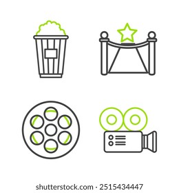 Set line Cinema camera, Film reel, Carpet with barriers and star and Popcorn cardboard box icon. Vector