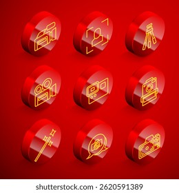 Set line Cinema camera, Camera focus frame line, Tripod, Retro cinema, Action extreme, Photo, retouching and  icon. Vector