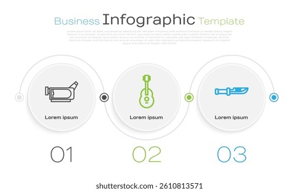 Set line Cinema camera, Guitar and Camping knife. Business infographic template. Vector