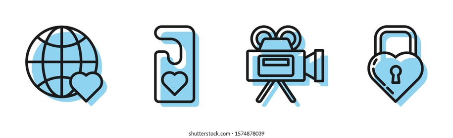 Set line Cinema camera, The heart world love, Please do not disturb with heart and Castle in the shape of a heart icon. Vector