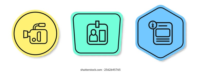 Set line Cinema camera, Journalist id card and Information. Colored shapes. Vector
