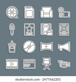 Set line Cinema camera, Megaphone, CD disk award frame, chair, Hollywood walk of fame star, Microphone, Film reel and Play Video icon. Vector