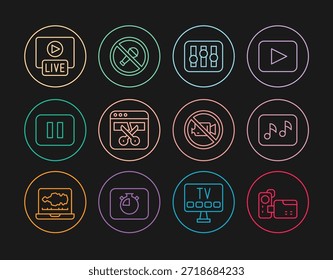 Definir linha Câmera de cinema, Nota de música, Tom, Controlador de mixer de som, Gravador ou editor de vídeo, botão Pausar, Transmissão ao vivo, Proibição de gravação de vídeo e Ícone de microfone Mute. Vetor