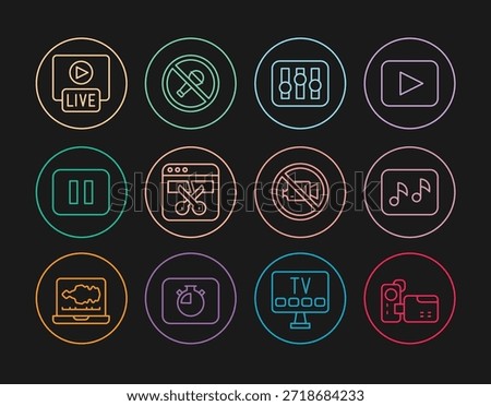 Set line Cinema camera, Music note, tone, Sound mixer controller, Video recorder or editor, Pause button, Live stream, Prohibition video recording and Mute microphone icon. Vector