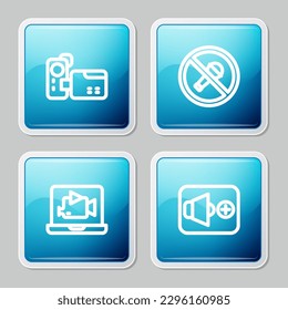 Set line Cinema camera, Mute microphone, Online play video and Speaker volume icon. Vector