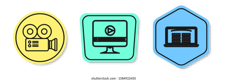 Set line Cinema camera , Online play video  and Buy cinema ticket online . Colored shapes. Vector