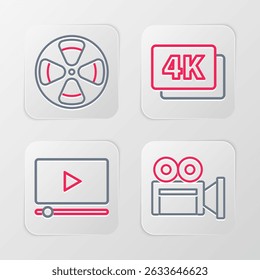 Set line Cinema camera, Online play video, 4k Ultra HD and Film reel icon. Vector