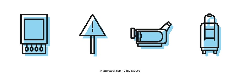 Set line Cinema camera, Open matchbox and matches, Exclamation mark in triangle and Suitcase icon. Vector