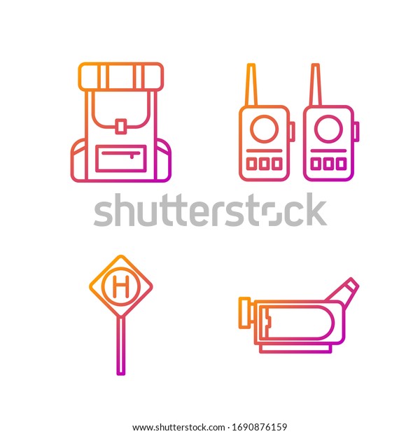 Set line Cinema camera,\
Parking, Hiking backpack and Walkie talkie. Gradient color icons.\
Vector