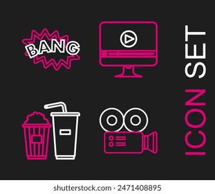 Set line Cinema camera, Popcorn and soda drink glass, Online play video and Bang boom text speech bubble balloon icon. Vector