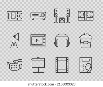 Set line Cinema camera, poster, Home stereo with two speakers, Projection screen, ticket, Online play video, Play Video and Popcorn box icon. Vector