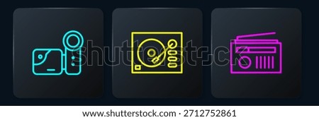 Set line Cinema camera, Radio with antenna and Vinyl player. Black square button. Vector