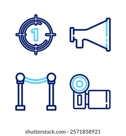 Set line Cinema camera, Rope barrier, Megaphone and Old film movie countdown frame icon. Vector