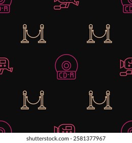 Set line Cinema camera, Rope barrier and CD or DVD disk on seamless pattern. Vector