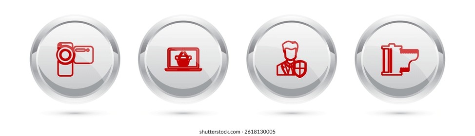 Fije la cámara del cine de la línea, cesta de la compra en el ordenador portátil, protección del usuario y cartucho del rollo de película de la cámara. Botón de círculo plateado. Vector