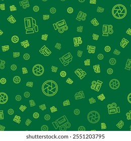 Set line Cinema camera, Camera shutter and Retro cinema on seamless pattern. Vector