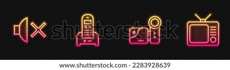 Set line Cinema camera, Speaker mute, Telephone and Retro tv. Glowing neon icon. Vector