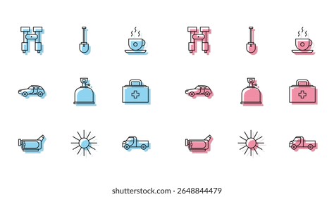 Set line Cinema camera, Sun, Binoculars, Pickup truck, Camping gas stove, First aid kit, Car and Shovel icon. Vector