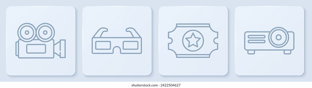 Set line Cinema camera, Cinema ticket, 3D cinema glasses and Movie, film, media projector. White square button. Vector