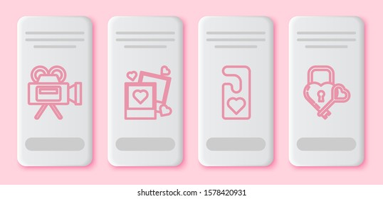 Set line Cinema camera, Two blanks photo frames and hearts, Please do not disturb with heart and Castle in the shape of a heart and key. White rectangle button. Vector