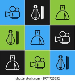 Set line Cinema camera, Woman dress and Violin icon. Vector