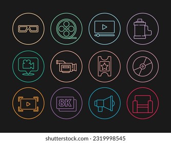 Set line Cinema chair, CD or DVD disk, Online play video, camera, Camera and location, 3D cinema glasses, ticket and Film reel icon. Vector