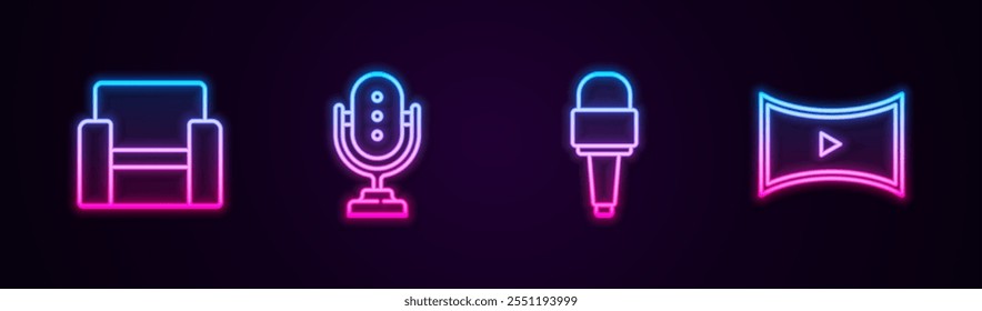 Set line Cinema chair, Microphone,  and Online play video. Glowing neon icon. Vector