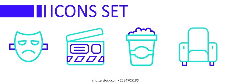Set line Cinema chair, Popcorn cardboard box, Movie clapper and Drama theatrical mask icon. Vector