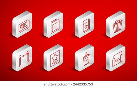 Set line Cinema chair, SD card, ticket, Popcorn box, Paper glass with water, 8k Ultra HD, Hollywood walk of fame star and Rope barrier icon. Vector svg