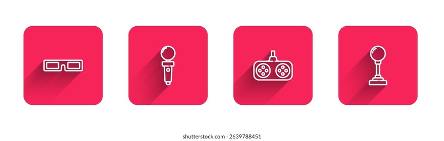 Set line Cinema glasses, Joystick for arcade machine, Gamepad and  with long shadow. Red square button. Vector