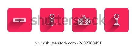 Set line Cinema glasses, Joystick for arcade machine, Gamepad and  with long shadow. Red square button. Vector