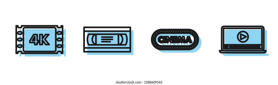 Set line Cinema poster design template , 4k movie, tape, frame , VHS video cassette tape  and Online play video  icon. Vector