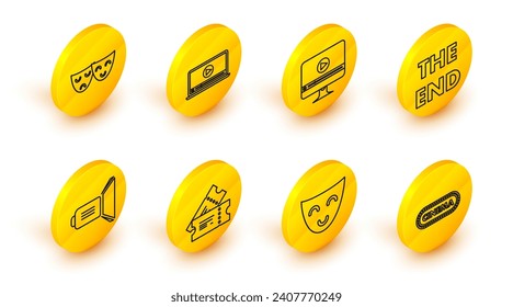 Set line Cinema poster design template, Comedy theatrical mask, ticket, Movie spotlight, The End handwritten inscription, Online play video,  and tragedy masks icon. Vector