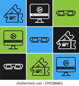 Set line Cinema ticket , 3D cinema glasses  and Online play video  icon. Vector