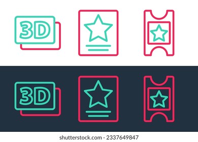Set line Cinema ticket, 3D word and Hollywood walk of fame star icon. Vector