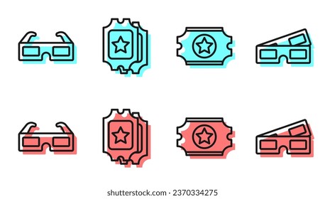 Set line Cinema ticket, 3D cinema glasses, Cinema ticket and 3D cinema glasses icon. Vector